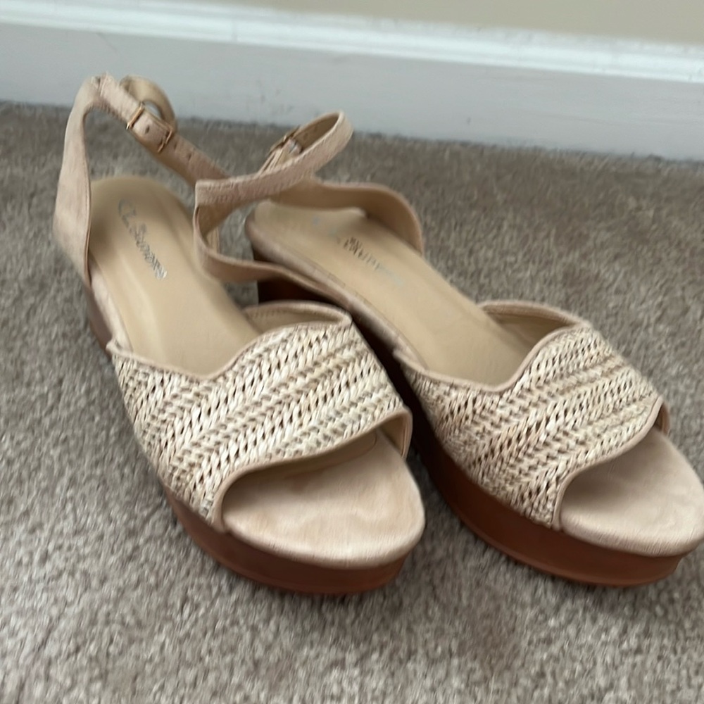 CL By Laundry Charlise Wedge Platform Sandals Shoes Natural Woven Nude Size 8M